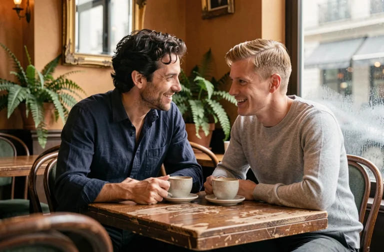 Deux hommes souriants partageant un café dans un bistrot parisien intime, illustrant la vie de couple discrète de Jules Torres