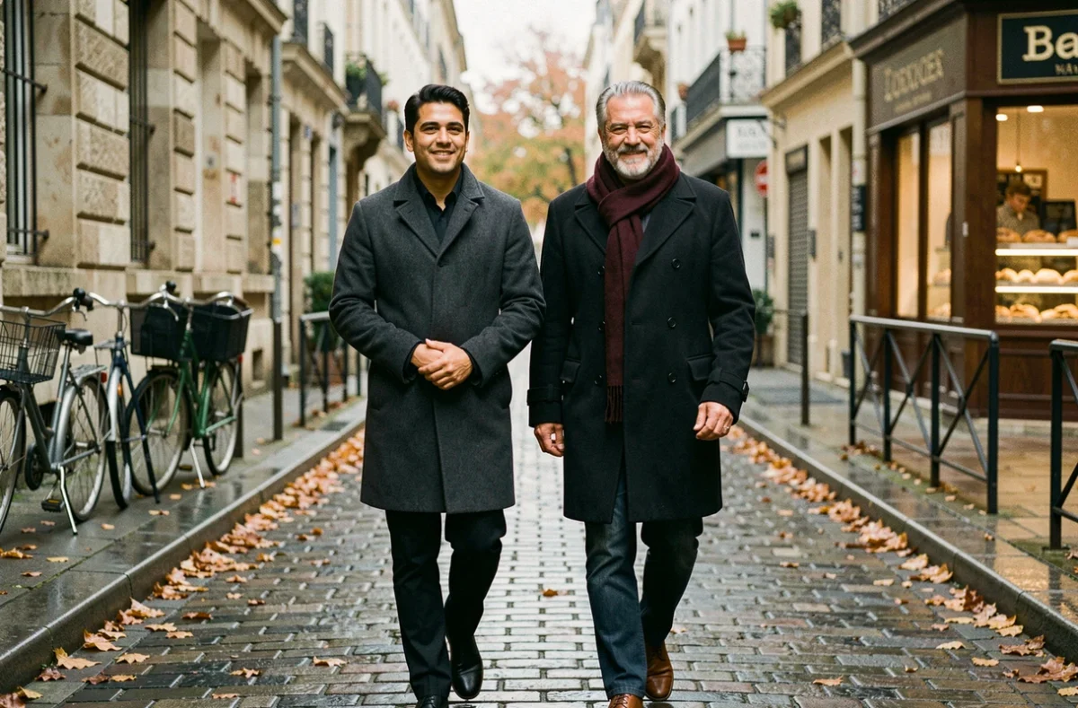 Deux hommes marchant côte à côte sur un pavé parisien en automne, évoquant la complicité discrète du compagnon mystérieux de Jules Torres