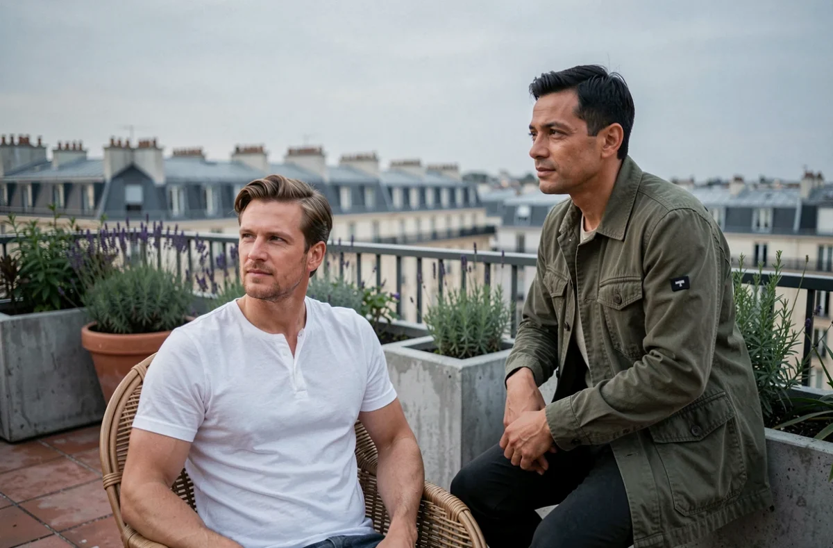 Deux hommes contemplatifs sur une terrasse parisienne au crépuscule, illustrant l'intimité et la vie privée partagée du compagnon de Jules Torres