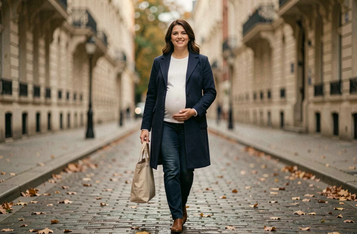 Femme enceinte élégante en manteau de maternité marchant dans une rue pavée en automne