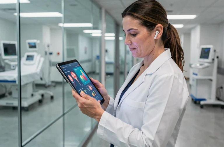Médecin femme consultant des données médicales sur une tablette high-tech dans un couloir d'hôpital moderne