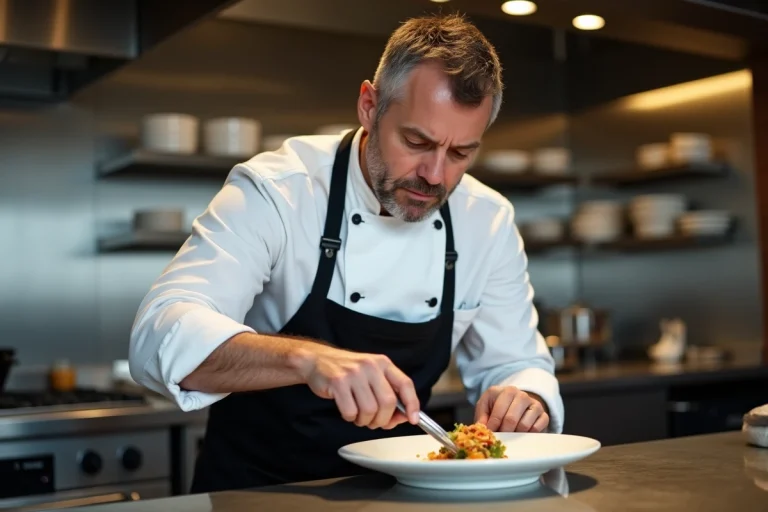 Chef étoilé en train de dresser une assiette gastronomique raffinée dans une cuisine professionnelle moderne