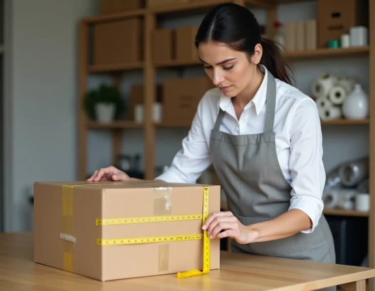 Femme mesurant un colis en carton avec un ruban métrique sur un établi en bois pour comprendre les dimensions longueur largeur hauteur