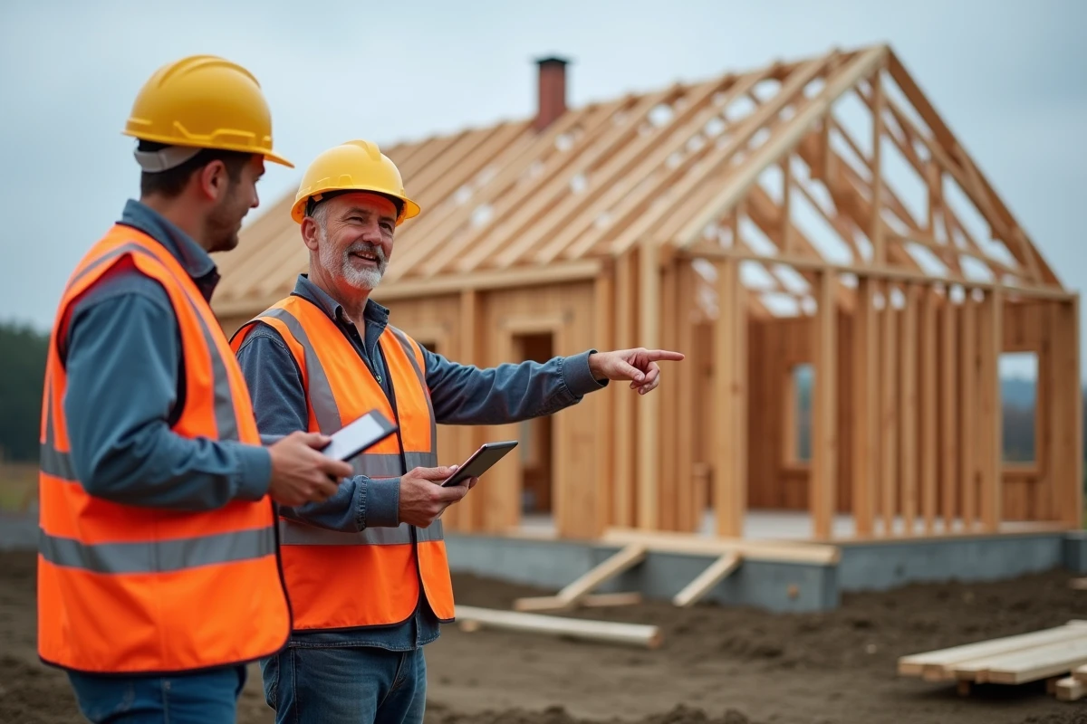 Deux ouvriers en gilets de sécurité discutant d'un projet de construction de maison à ossature bois