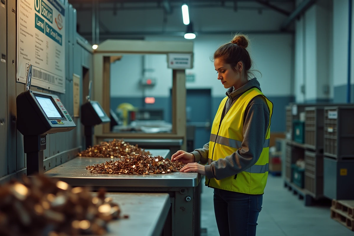 Une négociante en métaux pesant des chutes de bronze sur une balance industrielle dans un dépôt de récupération