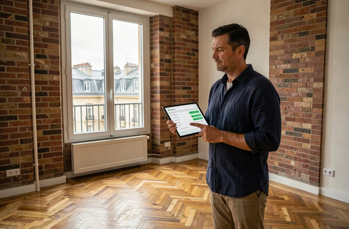Propriétaire lyonnais évaluant le loyer d'un appartement vide avec une tablette affichant des données de marché