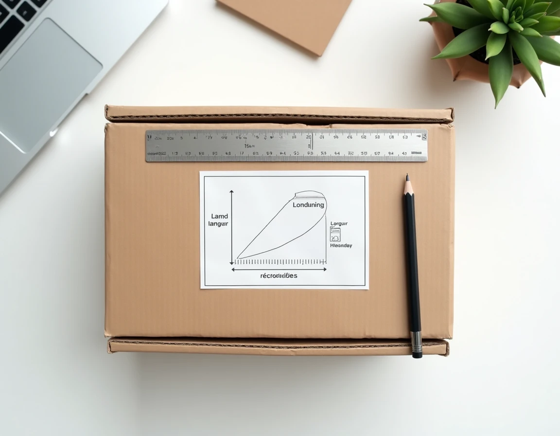 Vue de dessus d'un colis en carton avec règle et schéma explicatif des dimensions longueur largeur hauteur sur un bureau blanc