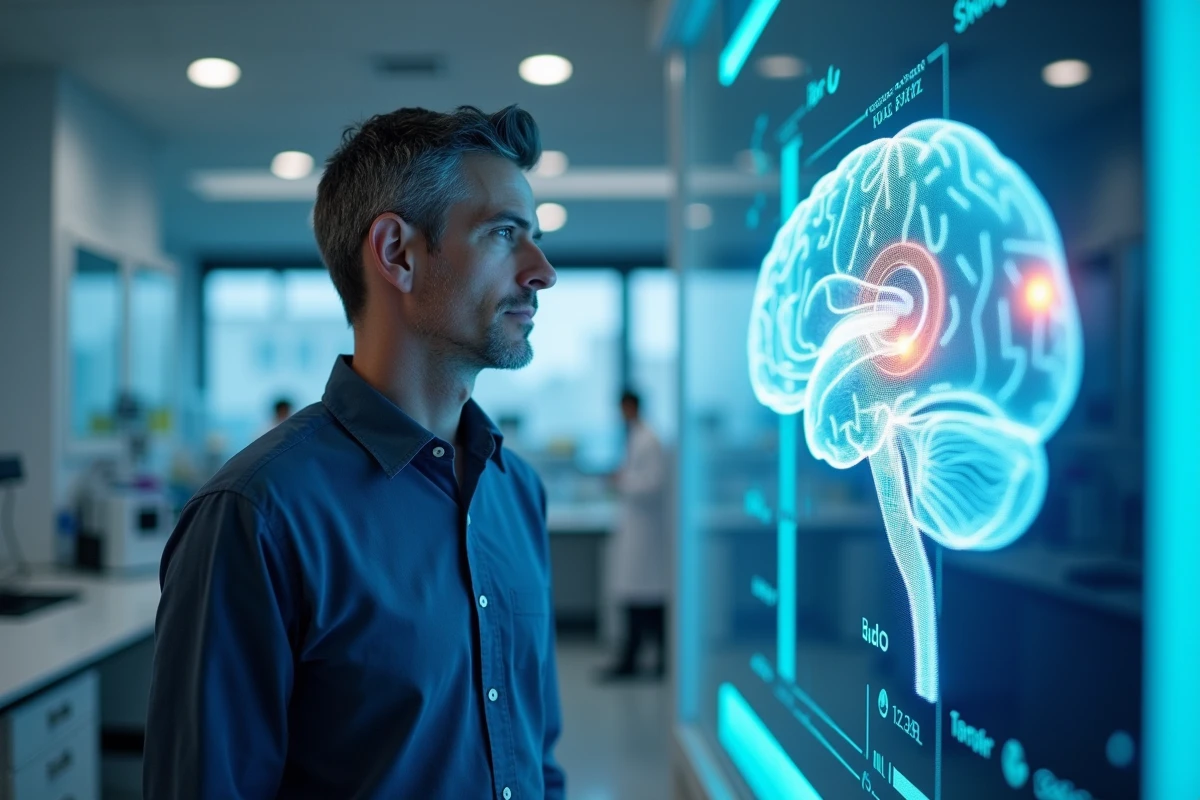 Scientifique en laboratoire observant un modèle numérique 3D du cerveau humain avec des zones de mémoire mises en évidence, dans le cadre de recherches sur la sauvegarde mémorielle