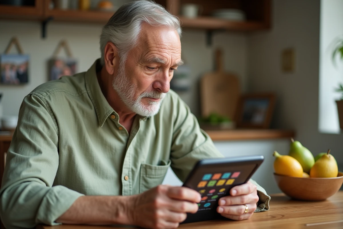 Homme senior utilisant une tablette avec une application d'entraînement cérébral à sa table de cuisine, illustrant les nouvelles solutions numériques pour optimiser la mémoire au quotidien