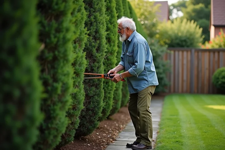 Homme taillant une haie épaisse et large avec un sécateur long dans un jardin résidentiel
