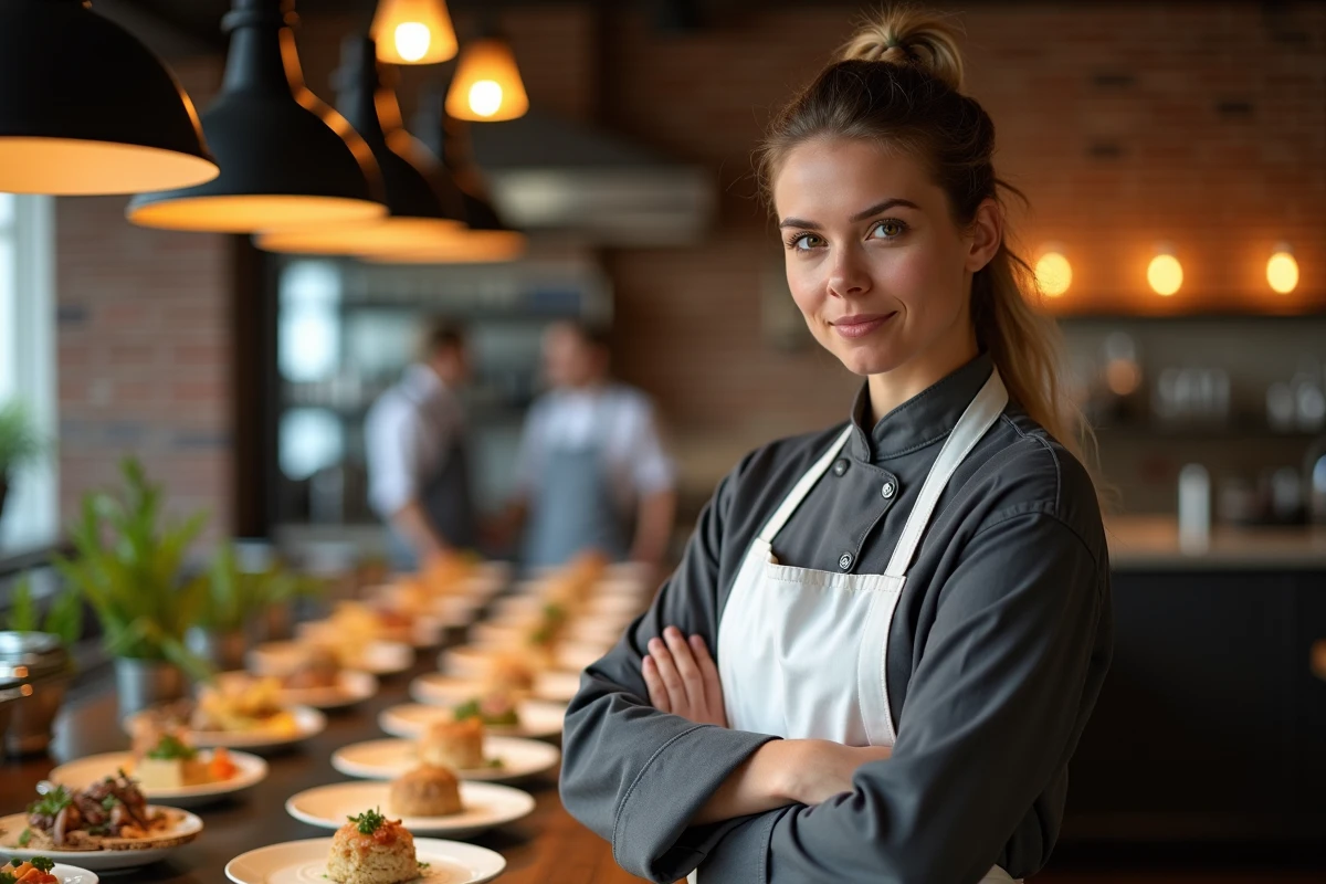 Jeune cheffe cuisinière talentueuse posant fièrement devant le passe d'un restaurant gastronomique