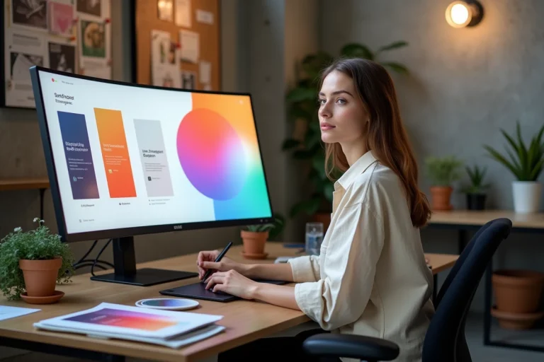Jeune femme créative travaillant sur des maquettes de design digital dans un studio moderne avec tablette graphique et grand écran