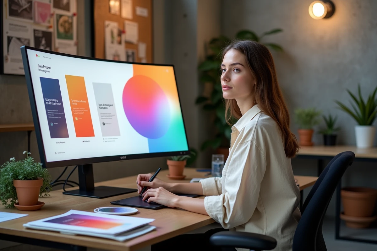 Jeune femme créative travaillant sur des maquettes de design digital dans un studio moderne avec tablette graphique et grand écran