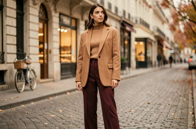 Femme élégante portant un blazer camel oversize et un pantalon large bordeaux dans une rue pavée parisienne, style mode automne tendance