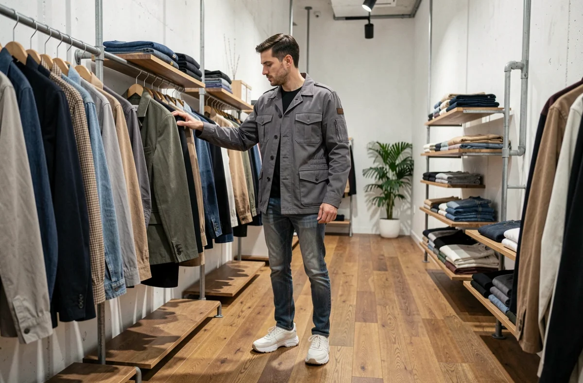 Homme tendance en veste utilitaire grise et jean brut dans un concept store minimaliste, mode masculine tendances de la saison