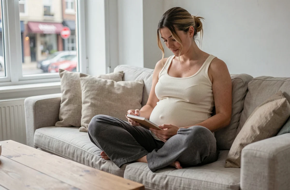 Femme enceinte détendue en tenue confortable de grossesse assise sur un canapé à la maison