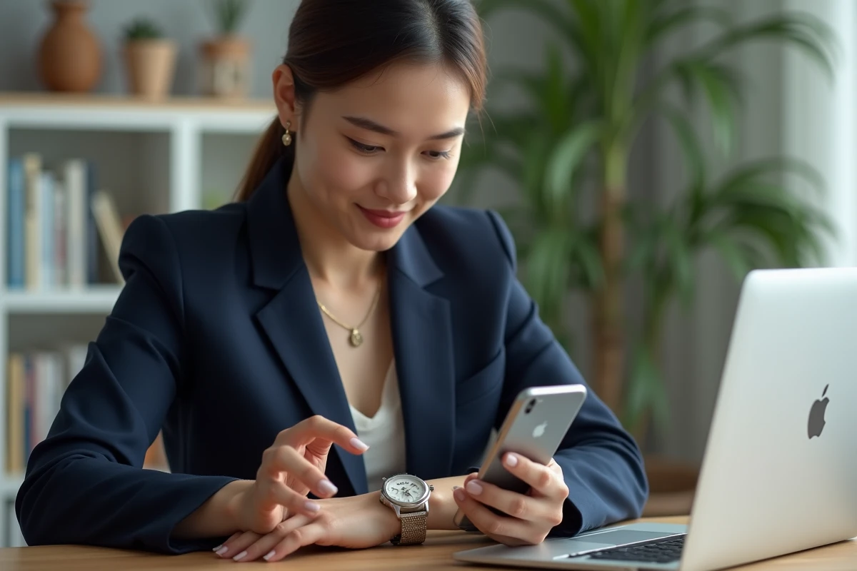 Femme vérifiant l'authenticité d'une montre Orient en scannant le numéro de série avec son smartphone