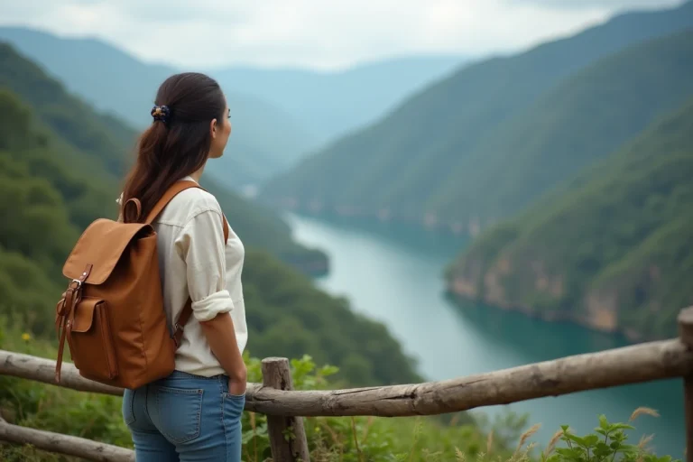 Jeune femme contemplant un paysage de montagnes et rivière